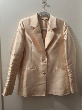 ALLSAINTS London Sweet Beige Shimmer Lined Fitted Notch Lapel Button Blazer